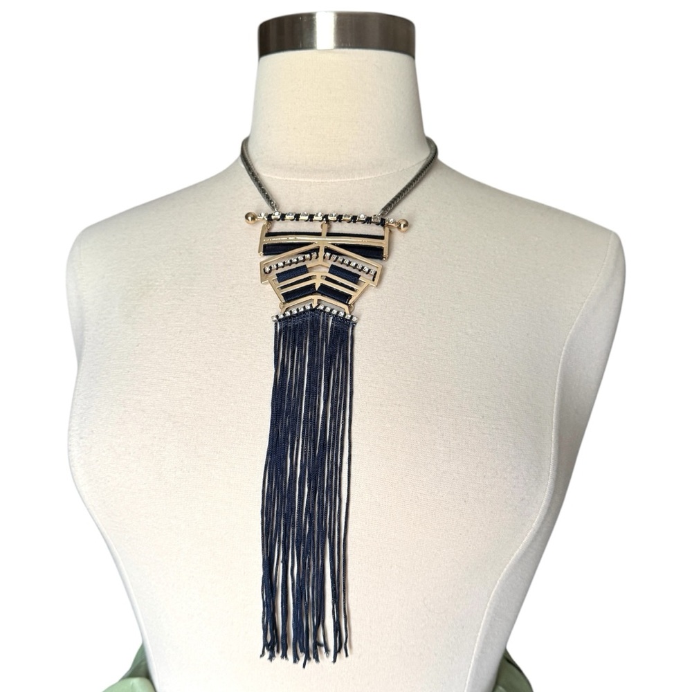 NORDSTROM statement necklace gold NAVY TASSELS silver rhinestones big bib long